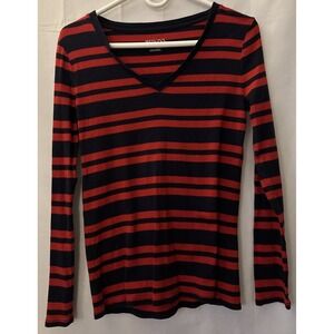 Women's Merona Red & Blue Stripes Long Sleeve V Neck T-shirt Cotton Size M